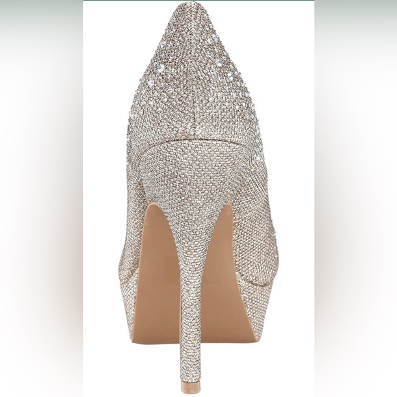 Round Toe champagne Glitter Mesh Rhinestone Studded Low Platform Pump Heel ✨ - Picture 2 of 12